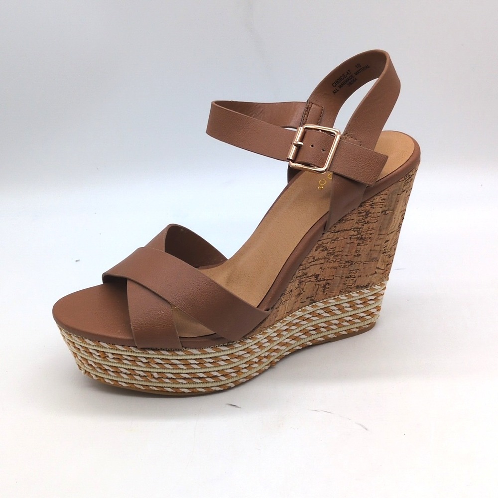 Bamboo Shoes Womens Choice-47 Brown 10 Platform Sandals High Wedge Buckle NEW